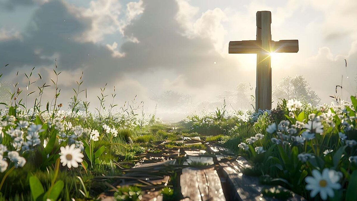 Ein großes Holzkreuz steht auf einer Wiese mit Margariten. Vor blauem Himmel mit Wolken. Zum Kreuz führt ein Weg aus Holzlatten. 