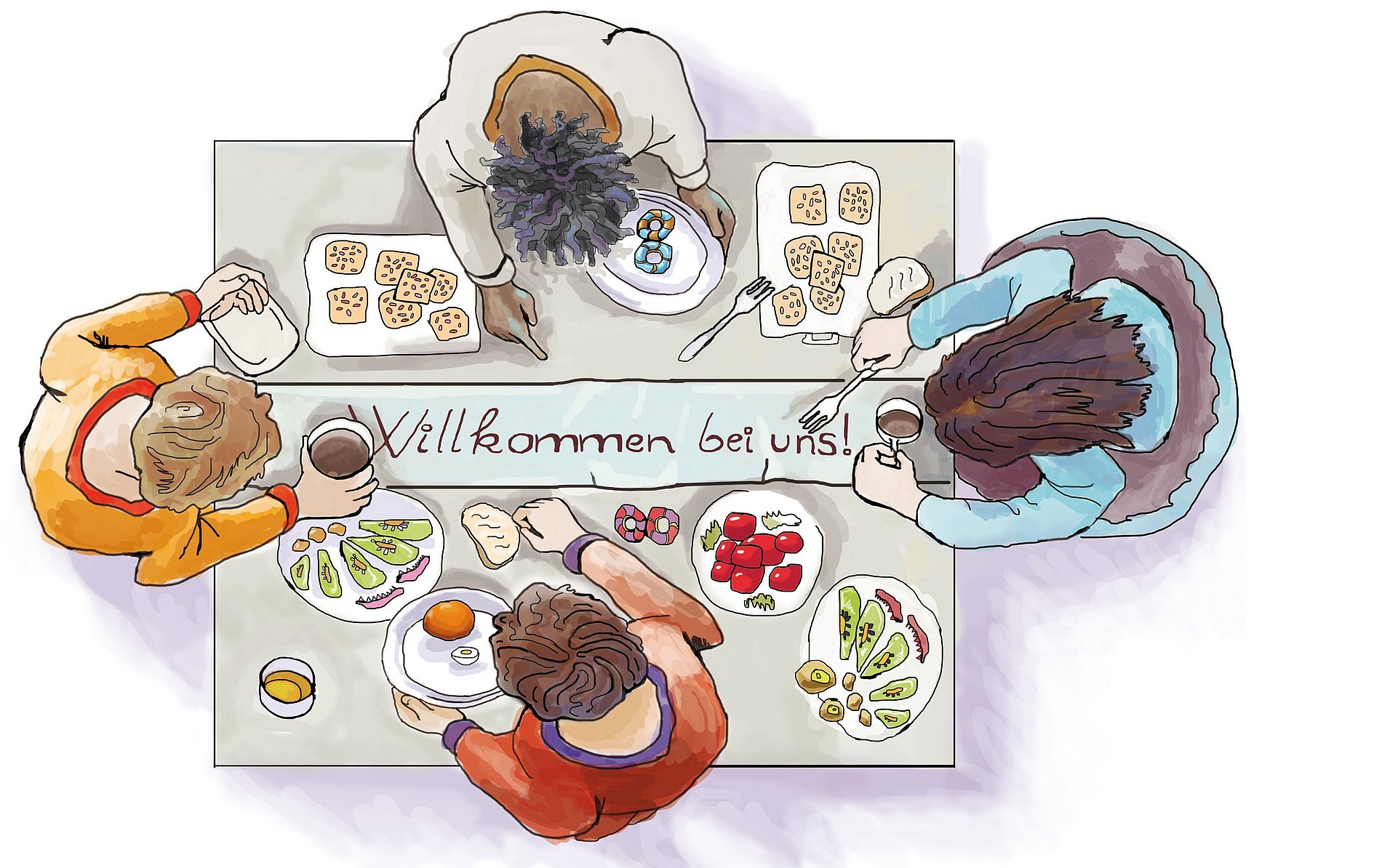 Das Bild zeigt, aus der Vogelperspektive, vier Menschen, die um einen Tisch stehen. Der Tisch ist mit verschiedenen Lebensmitteln gedeckt. 