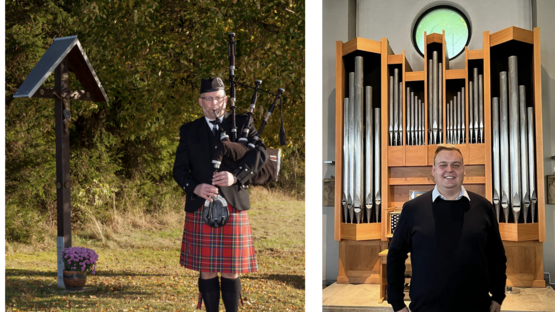 Das Bild zeigt zwei nebeneinander angeordnete Fotos. Im linken Bild steht ein Mann in traditioneller schottischer Kleidung, der einen Dudelsack spielt. Das Kilt hat einen roten Karomuster und steht im Freien neben einem Holz-/Wegkreuz, das mit Blumen dekoriert ist. Im rechten Foto steht ein Mann vor einer großen Kirchenorgel. Er lächelt in die Kamera und trägt dunkle Kleidung. 